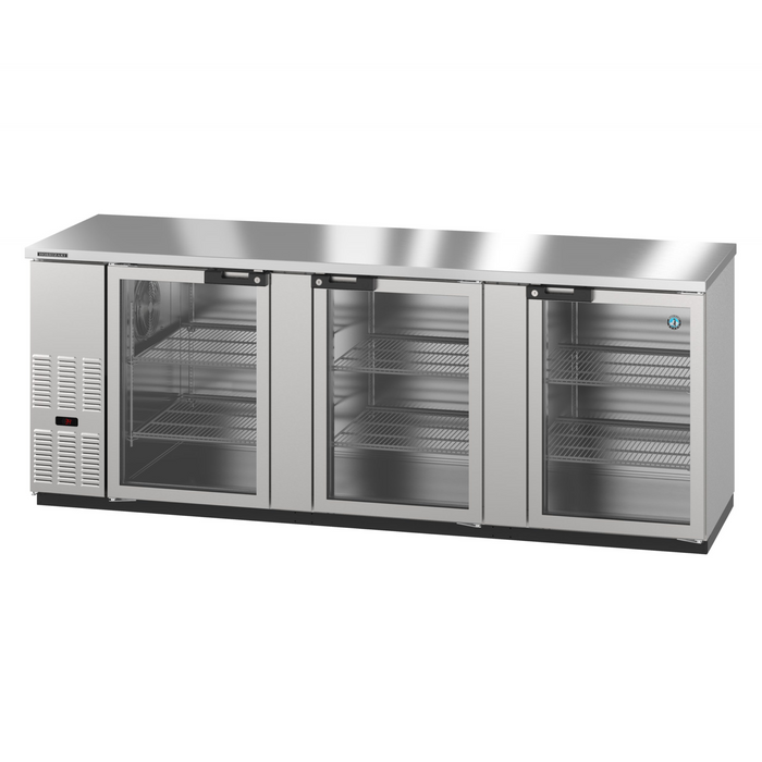 Three-section stainless steel back bar refrigerator with glass doors.