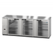 Three-section stainless steel back bar refrigerator with glass doors.