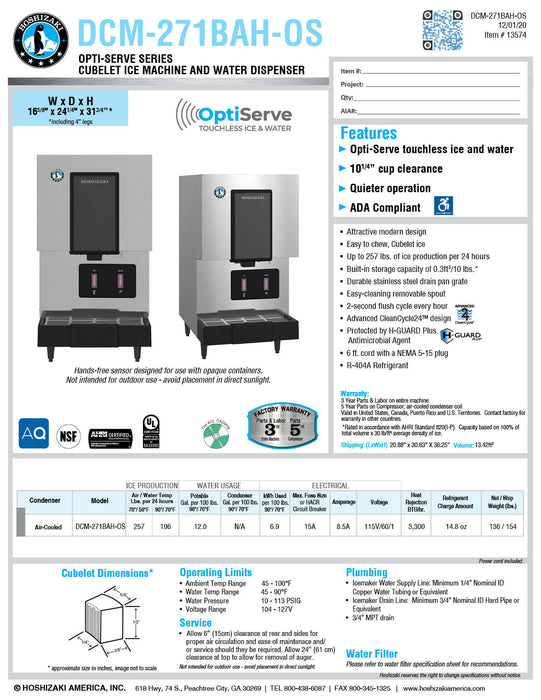 Hoshizaki Ice Dispensers DCM-271BAH-OS with cubelet icemaker and air-cooled, hands-free operation.