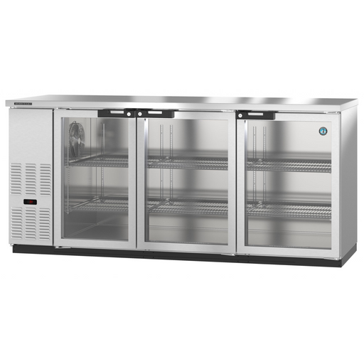 Three-section stainless steel back bar refrigerator with glass doors.