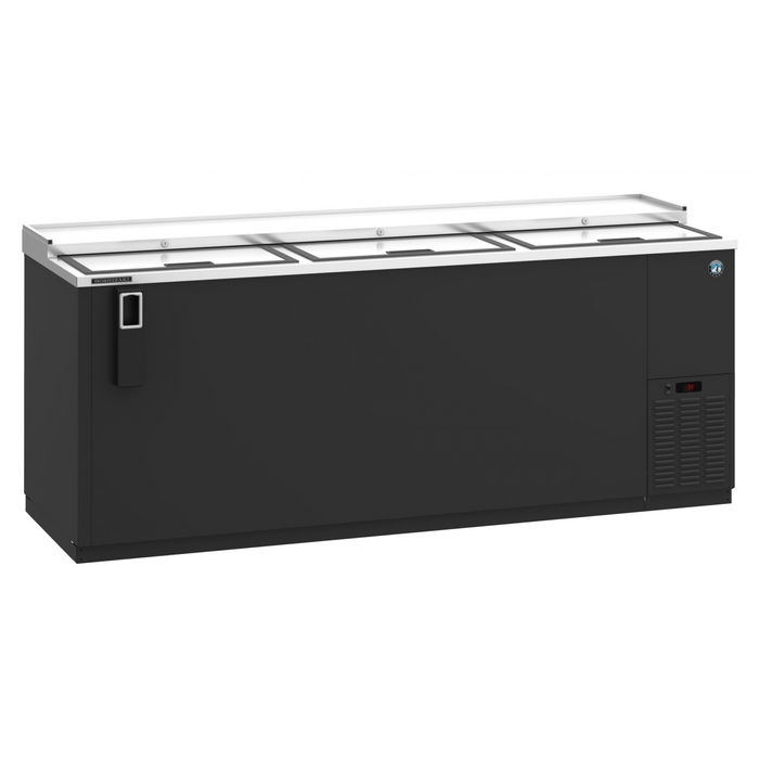 Three-section black vinyl back bar bottle cooler with slide top doors.