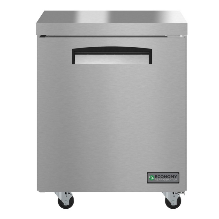 Hoshizaki EUR27A undercounter refrigerator with stainless door and casters.