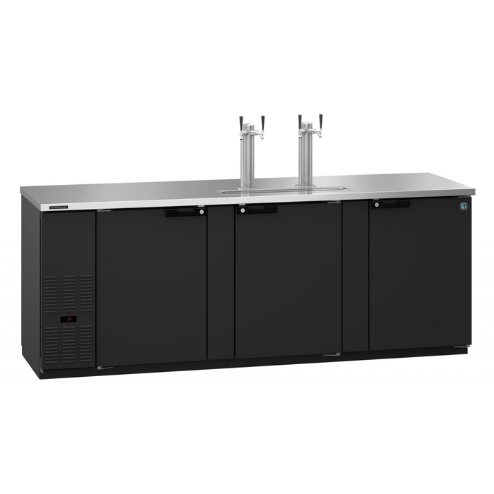 Three-section black vinyl back bar direct draw refrigerator with solid doors and stainless steel top.