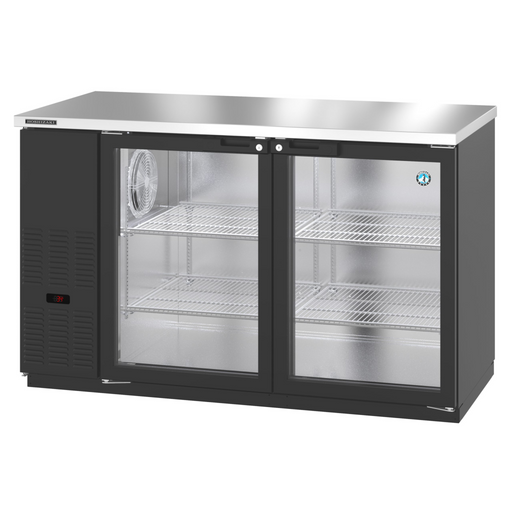 Hoshizaki BB80-G-S three-section stainless steel back bar with glass doors and shelving.