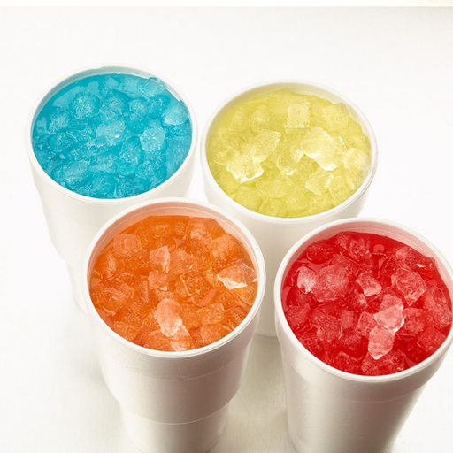 Four colorful cups of flavored ice cubes, showcasing cubelet nugget-style ice from the Hoshizaki icemaker.