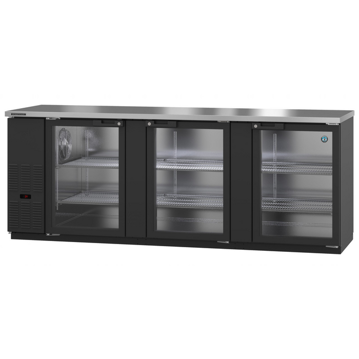 Three-section black vinyl back bar refrigerator with glass doors.