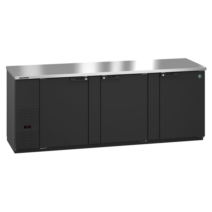 Three section black vinyl back bar refrigerator with solid doors.