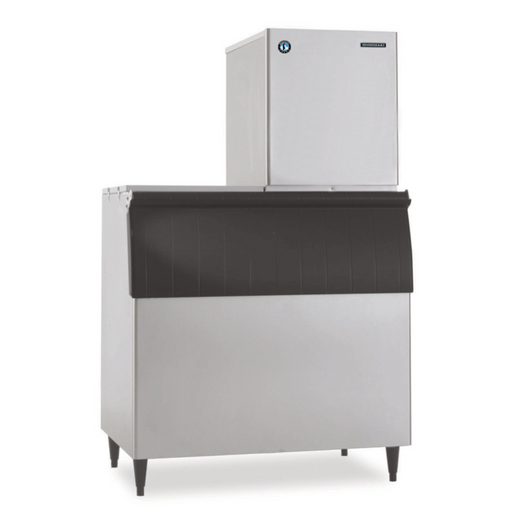 Hoshizaki F-1002MWJ flaker icemaker, water-cooled, stainless steel exterior, produces up to 955 lbs of flaked ice daily, ideal for food displays.