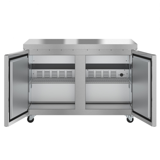 Hoshizaki EUF48A undercounter freezer with stainless steel doors, two sections, open view.