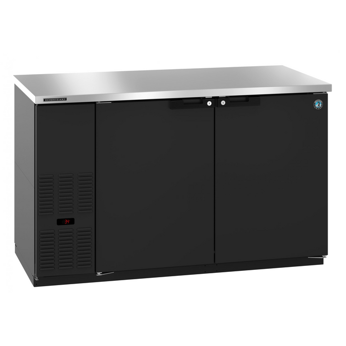 Hoshizaki BB59 two-section black vinyl back bar refrigerator with solid doors.