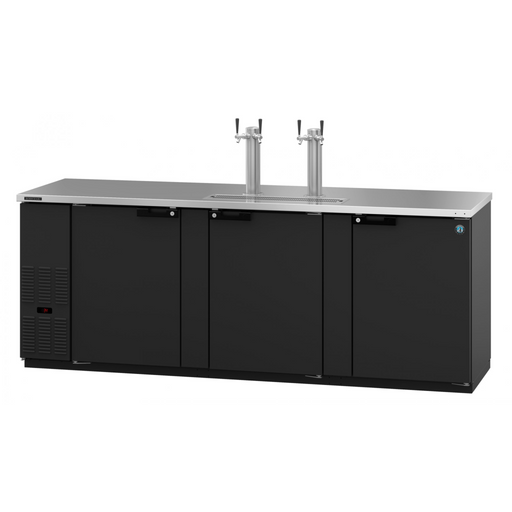 Three-section black vinyl back bar refrigerator with solid doors and stainless steel top.