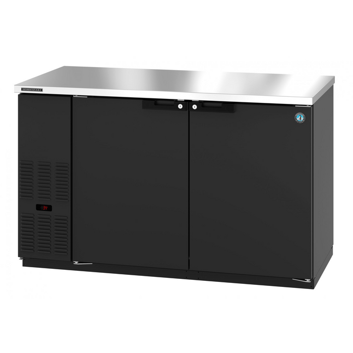 Hoshizaki BB59 black vinyl back bar refrigerator with solid doors.