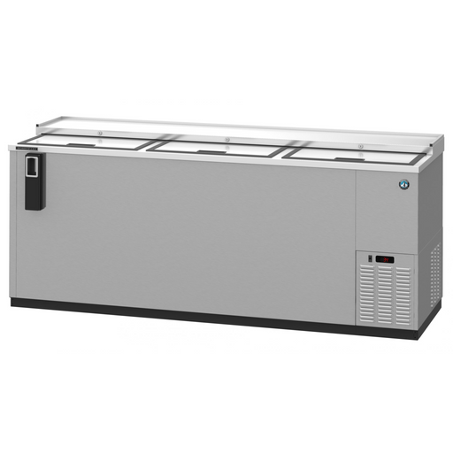 Stainless steel back bar bottle cooler with slide top doors, three-section design, ideal for commercial use.