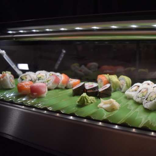 Hoshizaki HNC-180BA-R-SLH sushi display case with right side condenser and half glass doors.