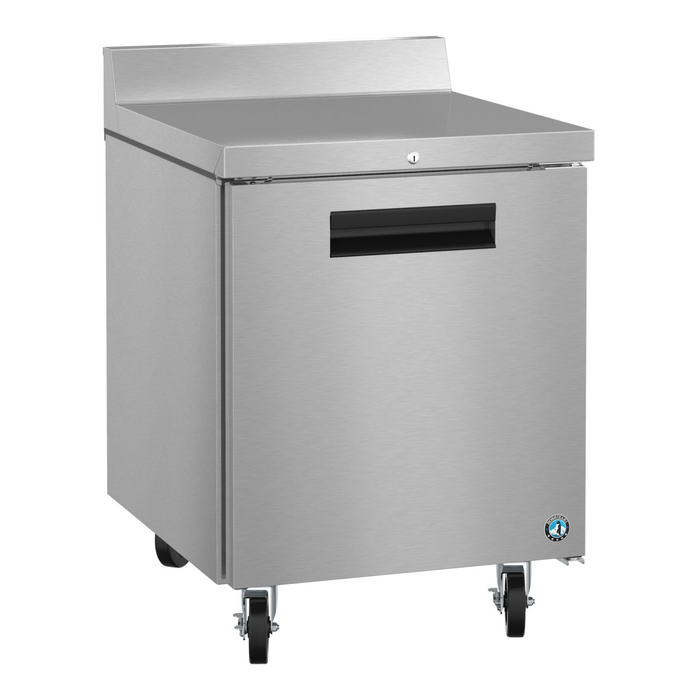 Hoshizaki WR27B-01 refrigerator, single section worktop with stainless steel door, features casters for mobility.