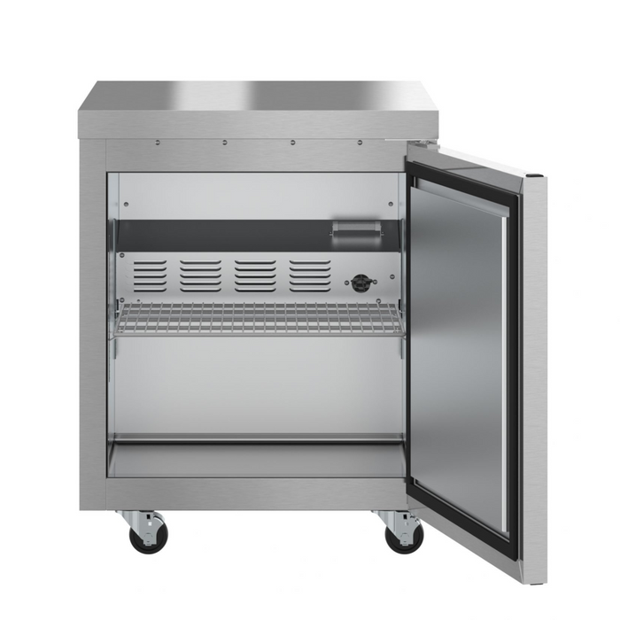 Hoshizaki EUF27A single section undercounter stainless steel freezer with open door and adjustable shelf.