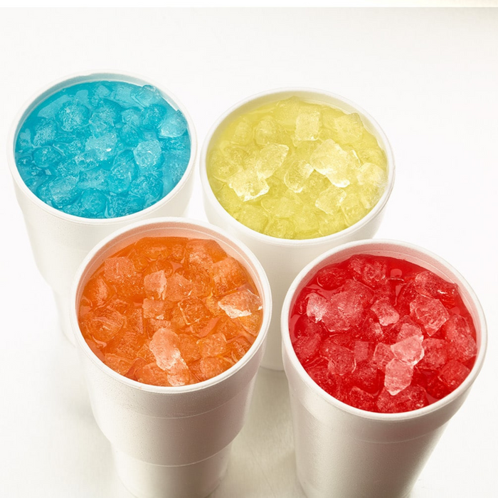 Four styrofoam cups filled with blue, yellow, orange, and red cubelet ice.