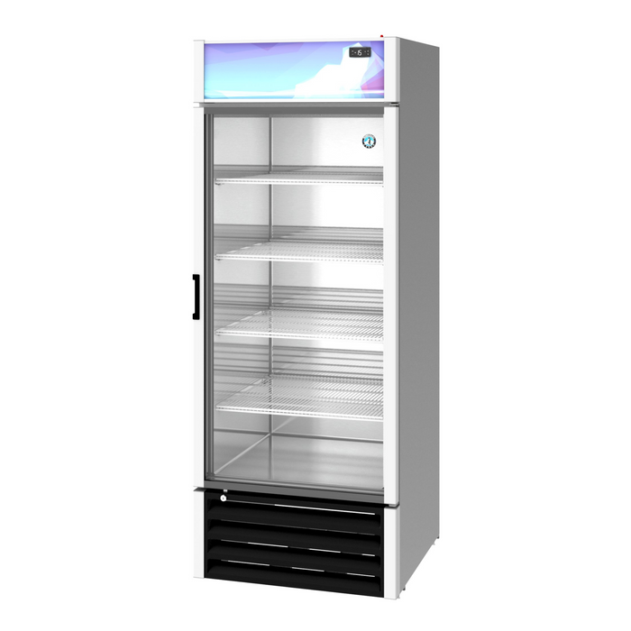 Hoshizaki FM-23-HC single section glass door freezer merchandiser with shelves.