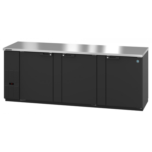 Black vinyl three-section back bar refrigerator with solid doors.