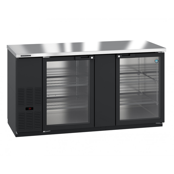 Two-section black vinyl back bar refrigerator with glass doors by Hoshizaki, featuring durable stainless steel interior and energy-efficient design.