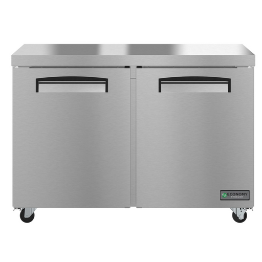 Two section undercounter refrigerator with stainless steel doors.