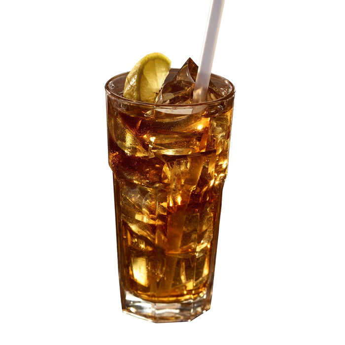 Glass of iced tea with crescent ice cubes and lemon slice.