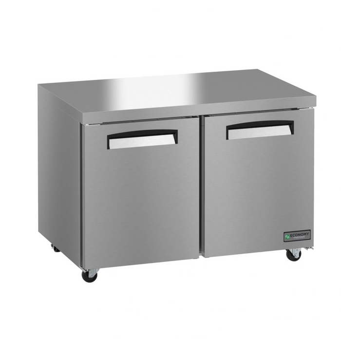 Hoshizaki EUF48A two-section undercounter freezer with stainless steel doors, ideal for space-saving in hot kitchens.