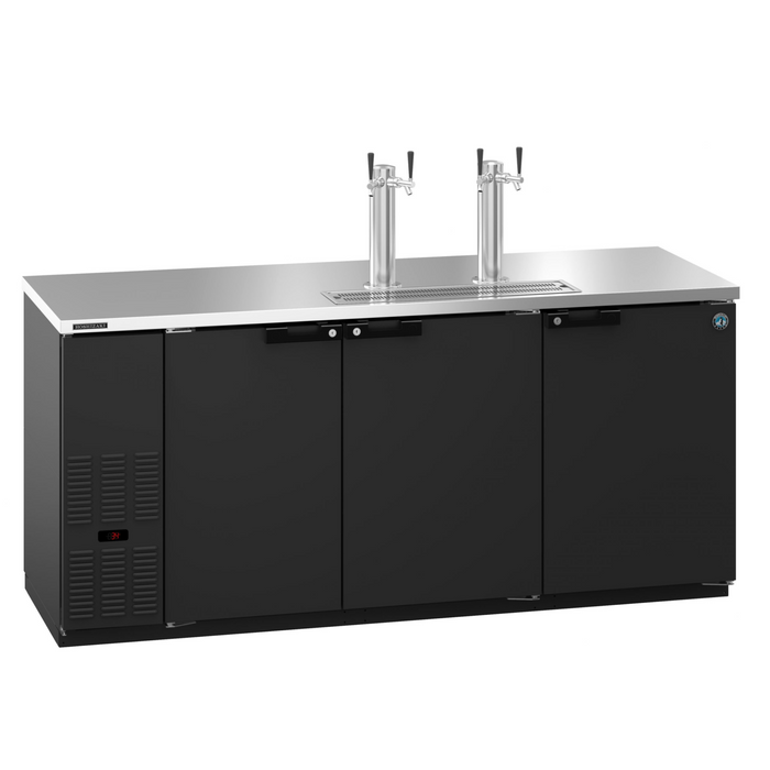 Three section black vinyl back bar direct draw refrigerator with solid doors and stainless steel top.