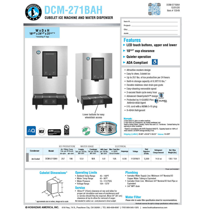 Hoshizaki DCM-271BAH Cubelet Ice and Water Dispenser with built-in storage, air-cooled, push button operation, stainless steel exterior.