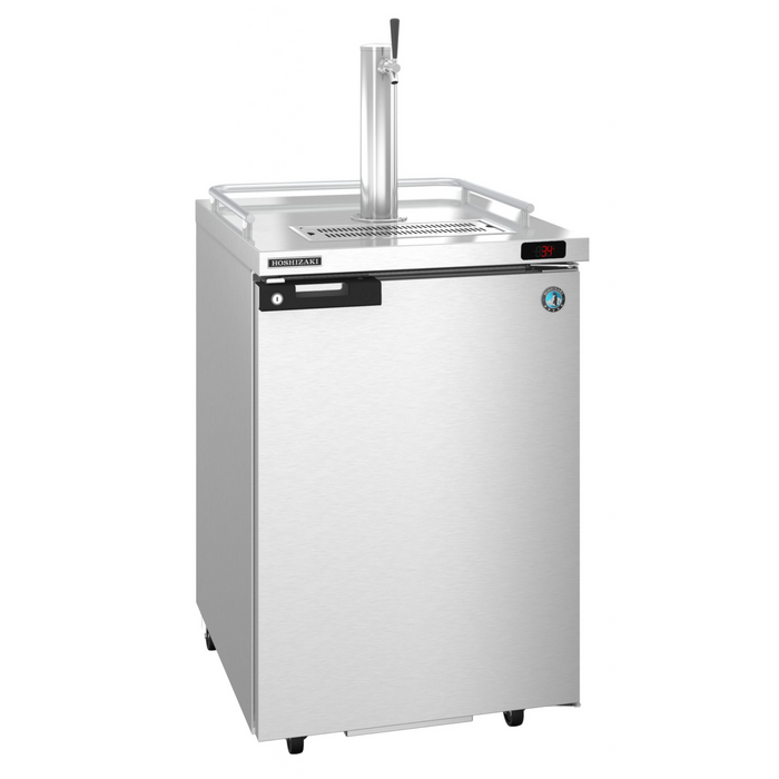 Stainless steel single section refrigerator with solid door and direct draw functionality for bar use.