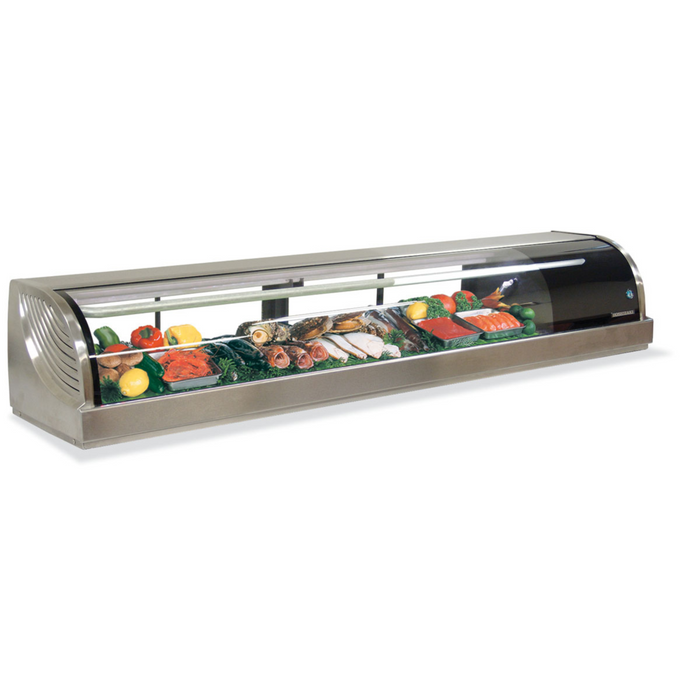 Hoshizaki HNC-210BA-L-SLH refrigerated display case with left side condenser and half glass doors displaying sushi and vegetables.