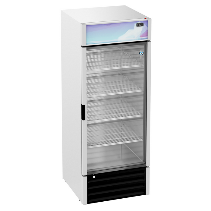 Hoshizaki FM-23-HC single section glass door freezer merchandiser with shelves and silver exterior.