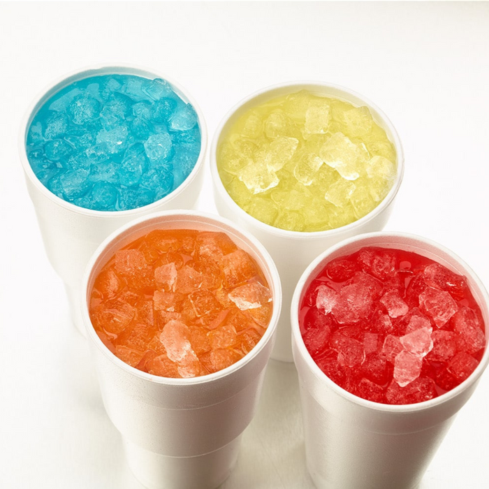 Colorful cubelet ice in four cups produced by Hoshizaki F-1002MAJ-C icemaker.