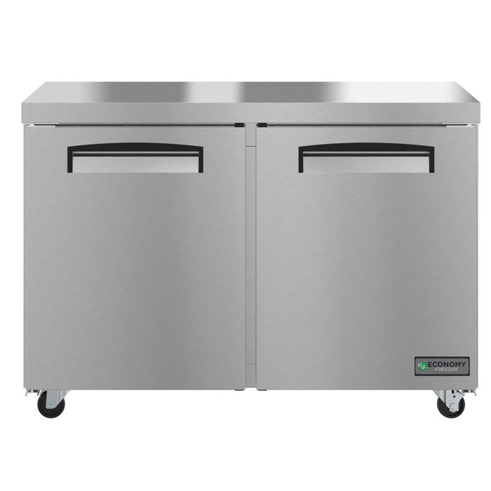 Two-section undercounter freezer with stainless steel doors and casters.