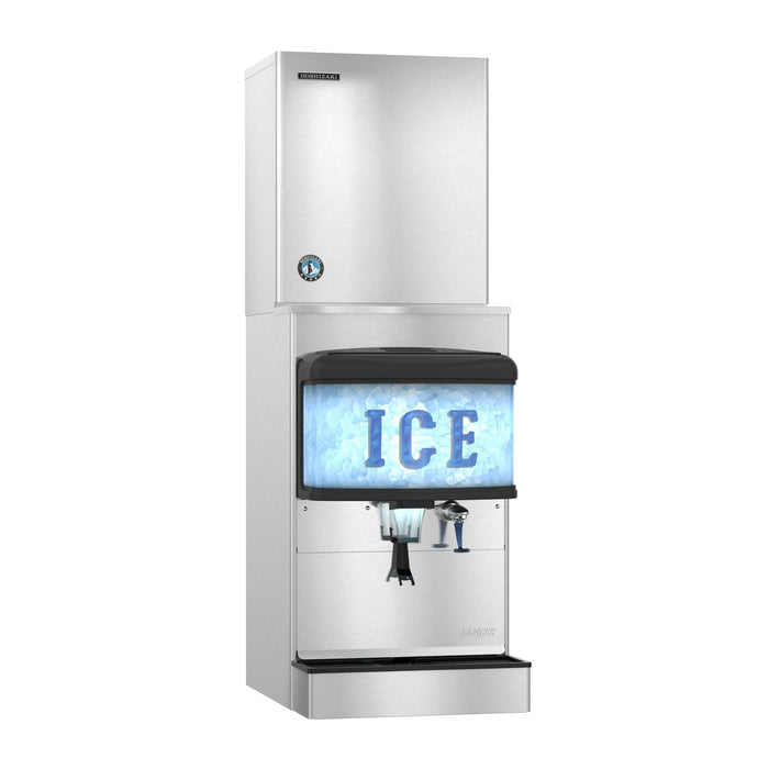 Hoshizaki Dispensers DM-4420N, 22″ W Countertop Ice and Water Dispenser with stainless steel exterior and illuminated graphics.