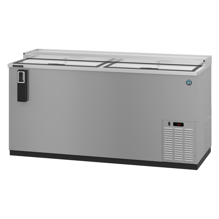 Three-section stainless steel back bar bottle cooler with slide top doors.