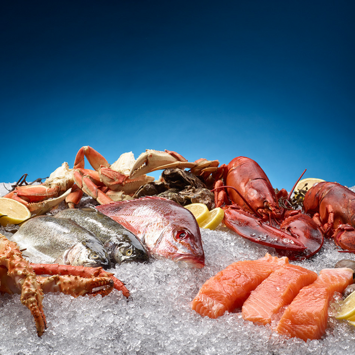 Seafood displayed on flaked ice from Hoshizaki F-330BAJ icemaker.