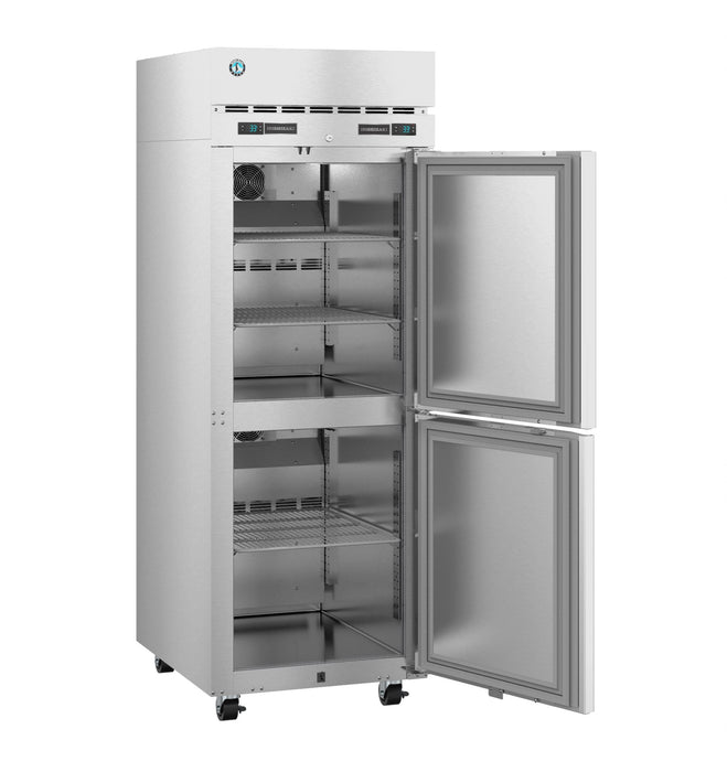 Hoshizaki Refrigerator DT1A-HS, single section dual temp upright with half stainless doors open, showcasing interior shelves.