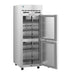 Hoshizaki Refrigerator DT1A-HS, single section dual temp upright with half stainless doors open, showcasing interior shelves.