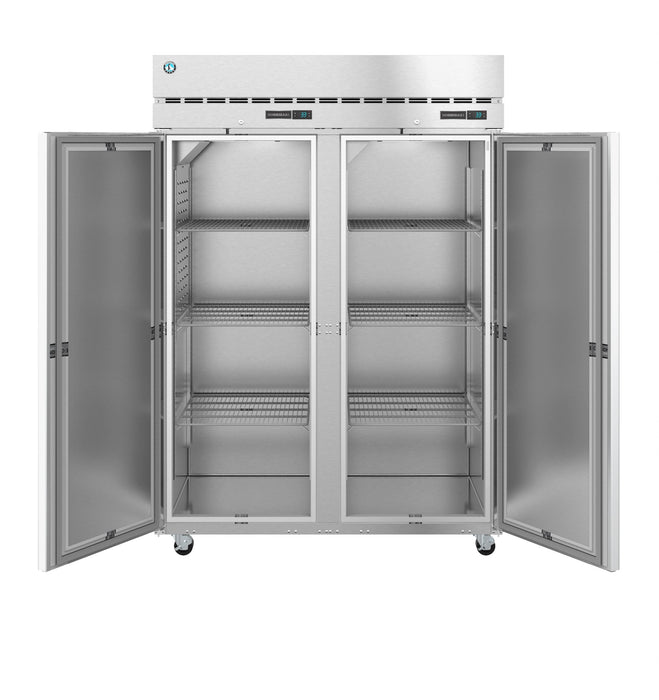 Hoshizaki DT2A-FS dual temp refrigerator and freezer with stainless steel doors open, showcasing interior shelves.