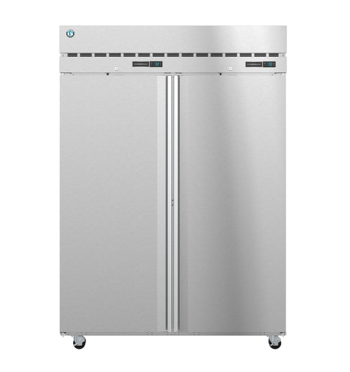 Hoshizaki dual temp upright refrigerator and freezer with stainless steel doors.