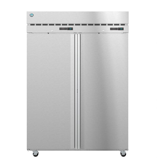 Hoshizaki dual temp upright refrigerator and freezer with stainless steel doors.