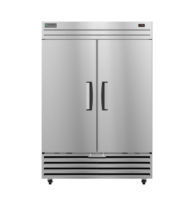 Hoshizaki ER2A-FS two section upright refrigerator with stainless steel doors and lock.