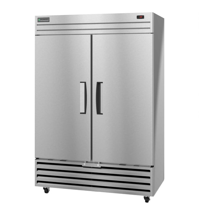 Hoshizaki ER2A-FS two-section stainless steel upright refrigerator with lock.