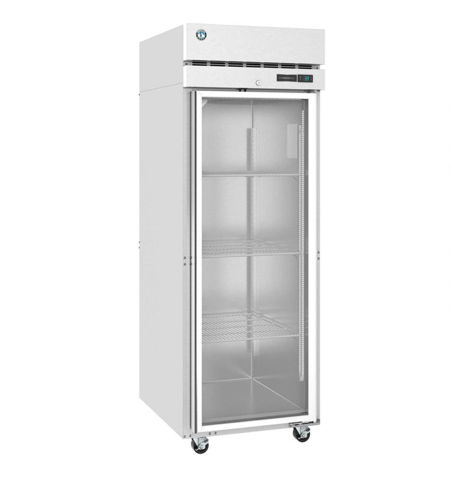 Hoshizaki F1A-FG single section upright freezer with full glass door and lock.