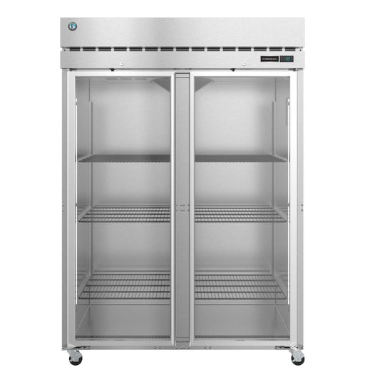 Hoshizaki F2A-FG two-section upright freezer with full glass doors and lock.