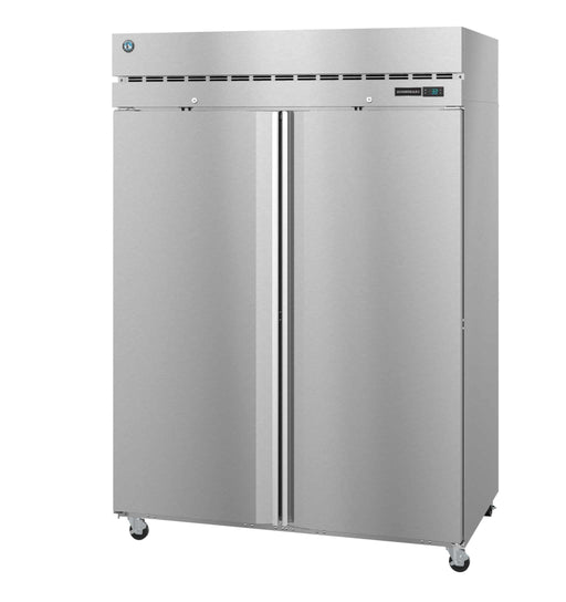 Hoshizaki F2A-FS two-section upright freezer with stainless steel lockable doors.