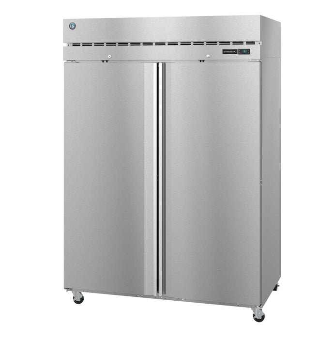 Hoshizaki F2A-FS two-section upright freezer with stainless steel lockable doors.