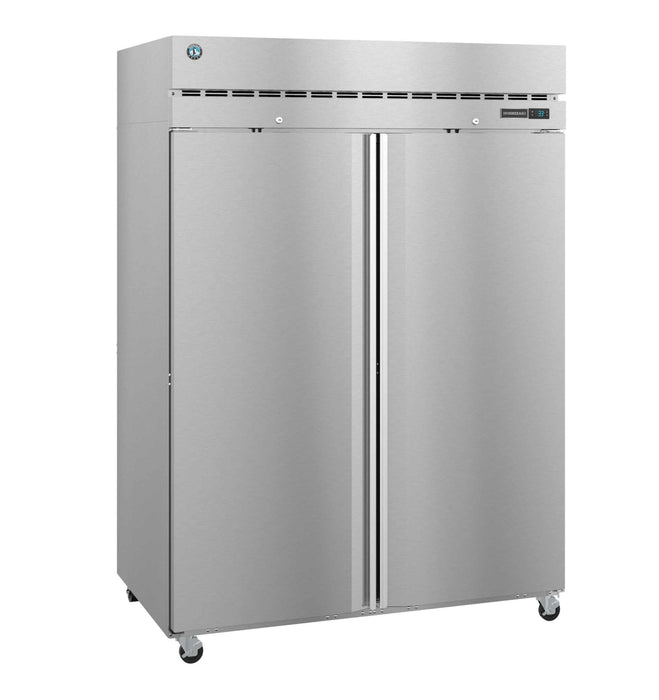 Hoshizaki F2A-FS two-section upright freezer with full stainless steel doors and lock.