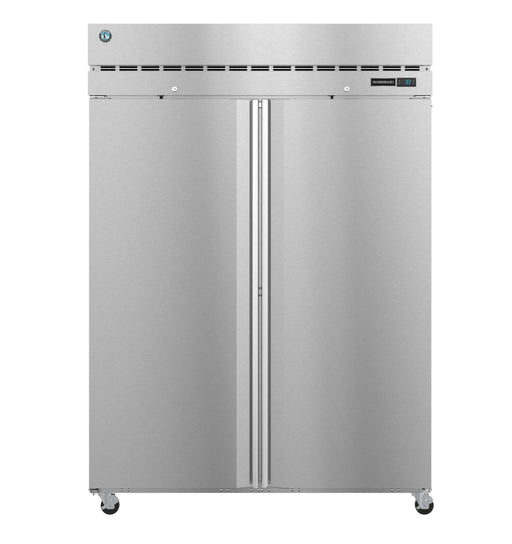 Hoshizaki F2A-FS two-section upright freezer with stainless steel doors and lock.